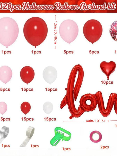 128Pcs Valentine's Day Red and Pink Heart-Shaped Foil Balloon Garland Arch Set, with Love-Shaped Balloons, Suitable for Birthday and Wedding Party Decorations