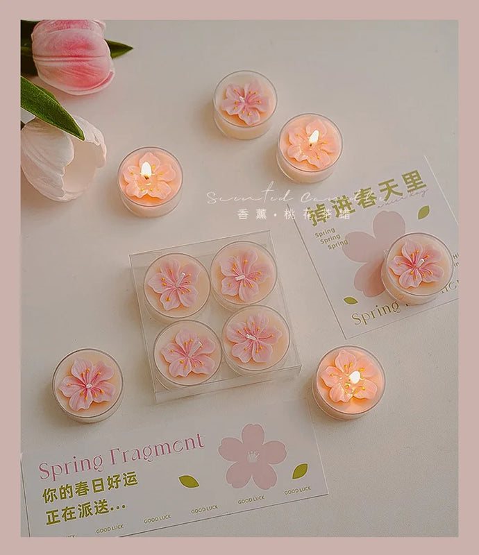 4 Pcs/Box Pink Peach Blossom Scented Candles,Valentines Decor,Room Decor,Gifts For Women Valentine's Day Wedding Favors