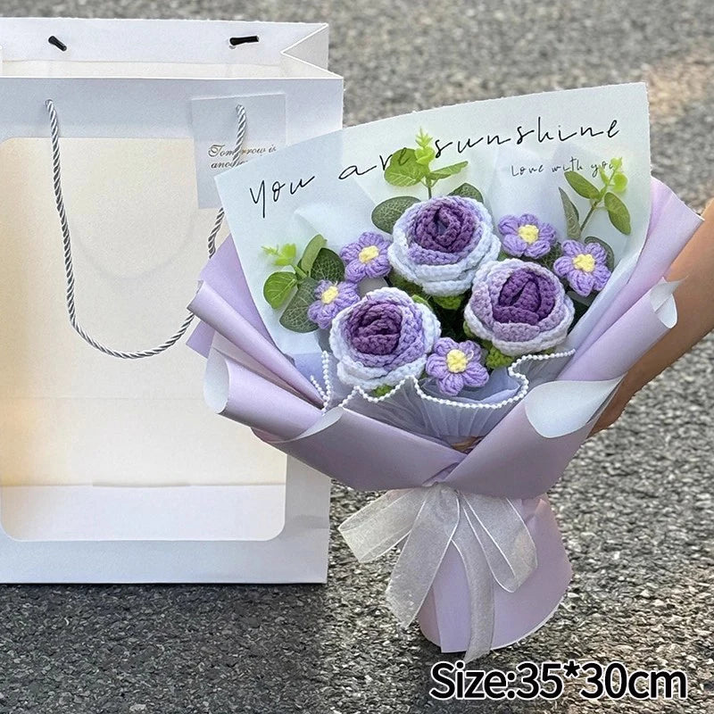 Knitted Flower Bouquet Handmade Crochet Flower Bouquet Mother's Day Gift Finished Hand-woven Flower Birthday Valentines Day Gift