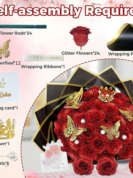 12/24pcs Red Glitter Roses Bouquet DIY Gift Set Everlasting Shiny Artificial Rose for Valentines  Anniversary Engagement Wedding