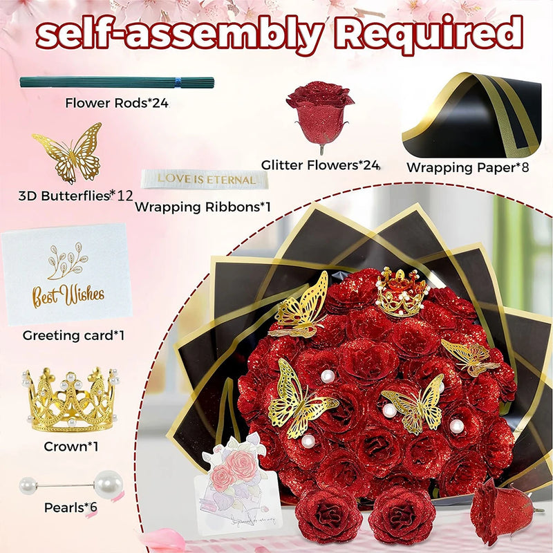 12/24pcs Red Glitter Roses Bouquet DIY Gift Set Everlasting Shiny Artificial Rose for Valentines  Anniversary Engagement Wedding