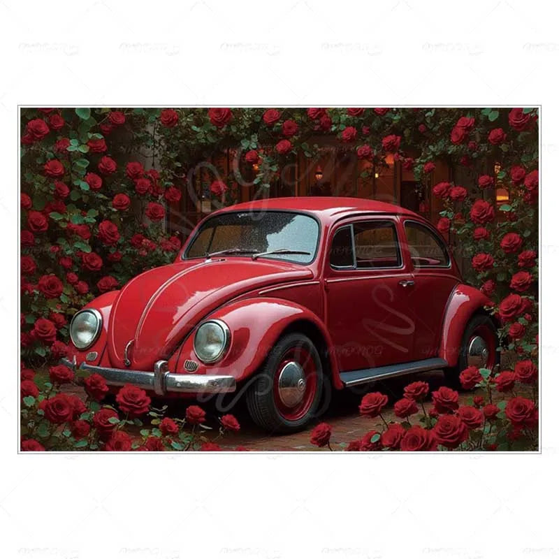 MOON.QG February 14 Decoration Backdrop Red Pink Car Rose Wreath Valentines Day Photo Background Photocall Poster Wallpaper