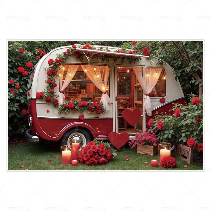 MOON.QG February 14 Decoration Backdrop Red Pink Car Rose Wreath Valentines Day Photo Background Photocall Poster Wallpaper