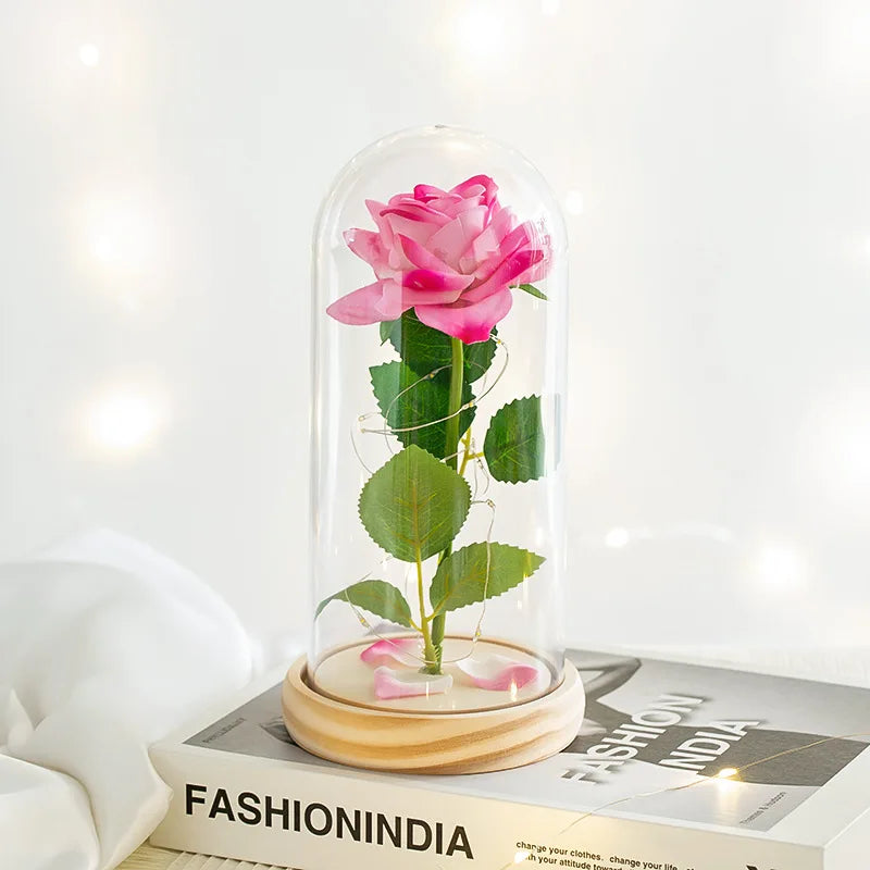 Acrylic Dome Eternal Rose Artificial Flowers Gift for Valentine Wedding Birthday Home Decor Room Desk Decorations Fake Flowers