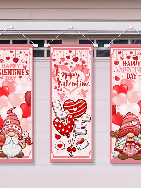 Valentine's Day Decorations Romantic Happy Valentine's Day Stretching Posters 3 Pcs Valentines Day Red and Pink Gnome Sign Backd