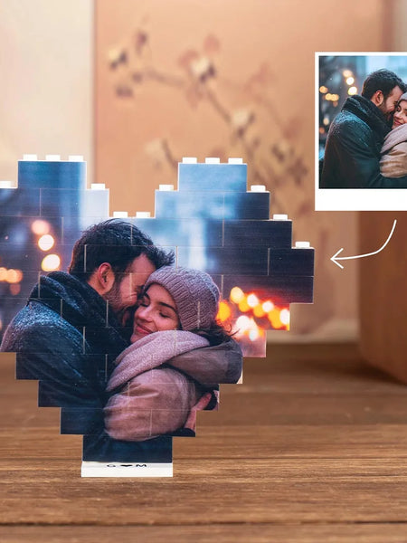 Custom Heart Photo Building Blocks with Stand - Personalized Valentine Gift for Couples, Compatible 4K UV Printed