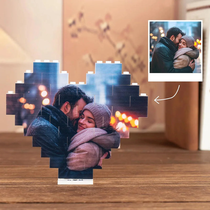 Custom Heart Photo Building Blocks with Stand - Personalized Valentine Gift for Couples, Compatible 4K UV Printed