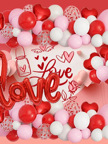 128Pcs Valentine's Day Red and Pink Heart-Shaped Foil Balloon Garland Arch Set, with Love-Shaped Balloons, Suitable for Birthday and Wedding Party Decorations