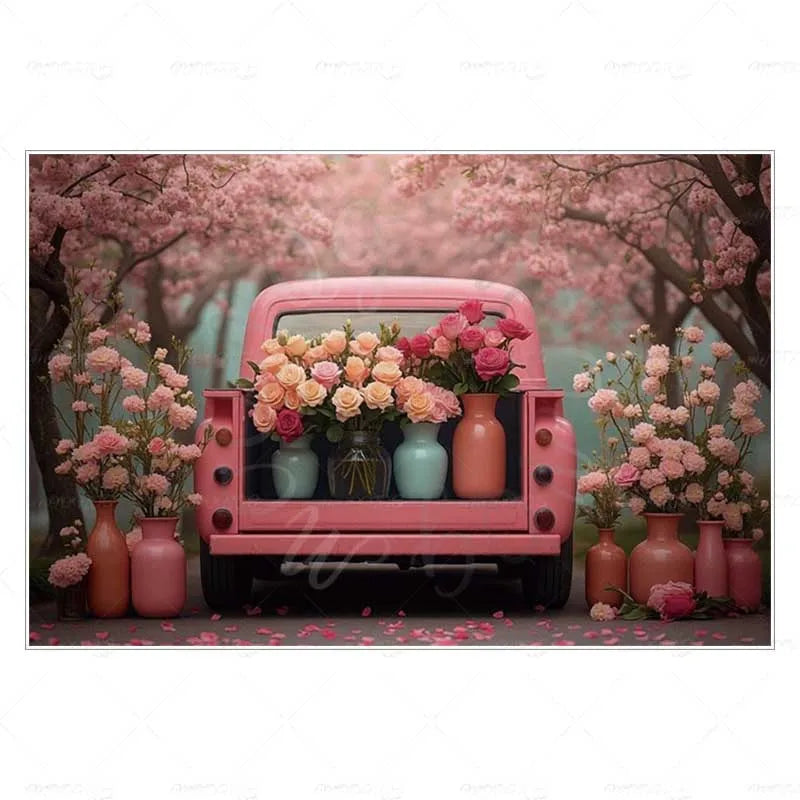 MOON.QG February 14 Decoration Backdrop Red Pink Car Rose Wreath Valentines Day Photo Background Photocall Poster Wallpaper
