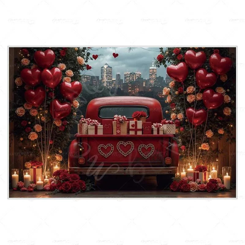 MOON.QG February 14 Decoration Backdrop Red Pink Car Rose Wreath Valentines Day Photo Background Photocall Poster Wallpaper