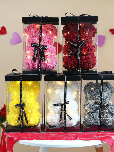 25cm Artificial Teddy Rose Flower Bear with Box Romantic Valentines Day Gift Girlfriend Women Anniversary Wedding Party Supplies