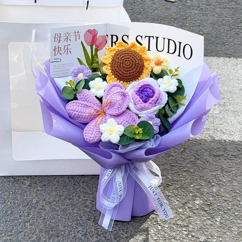 Knitted Flower Bouquet Handmade Crochet Flower Bouquet Mother's Day Gift Finished Hand-woven Flower Birthday Valentines Day Gift