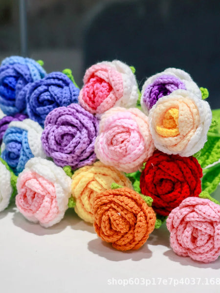 Rose Knitted Flower Creative Crochet Flowers Handwoven Flowers Bouquet Artificial Plant for Wedding Home Party Decor