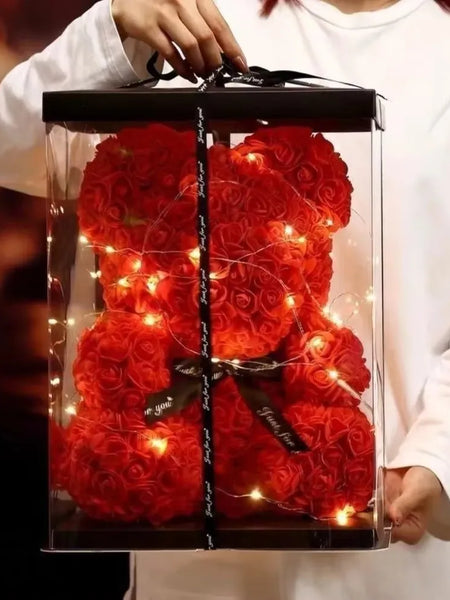 25cm Artificial Teddy Rose Flower Bear with Box Romantic Valentines Day Gift Girlfriend Women Anniversary Wedding Party Supplies