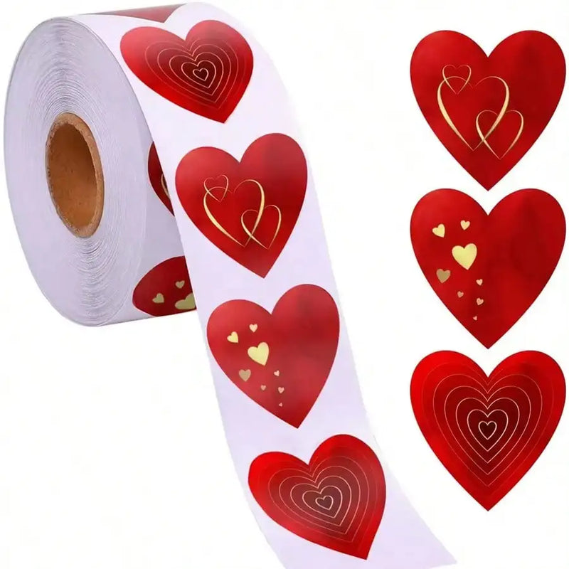Valentines Red Heart Stickers, Heart Decorative Labels 500 per Roll, Valentine's Day Love Decorations for Wedding, Anniversaries